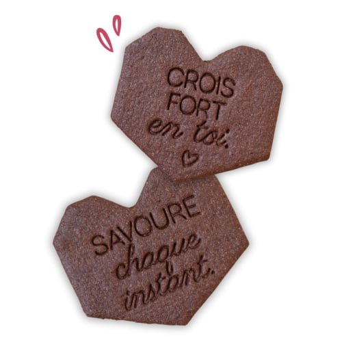 Deux biscuits au chocolat en forme de cœur de l'extraordinaire goûter sont placés en diagonale. Le biscuit du haut porte l'inscription « CROIS FORT en toi » avec un symbole de cœur, et le biscuit du bas porte l'inscription « SAVOURE chaque instant ». Un petit dessin de deux cœurs rouges se trouve au-dessus du biscuit du haut, ce qui en fait le biscuit personnalisé goûter parfait.