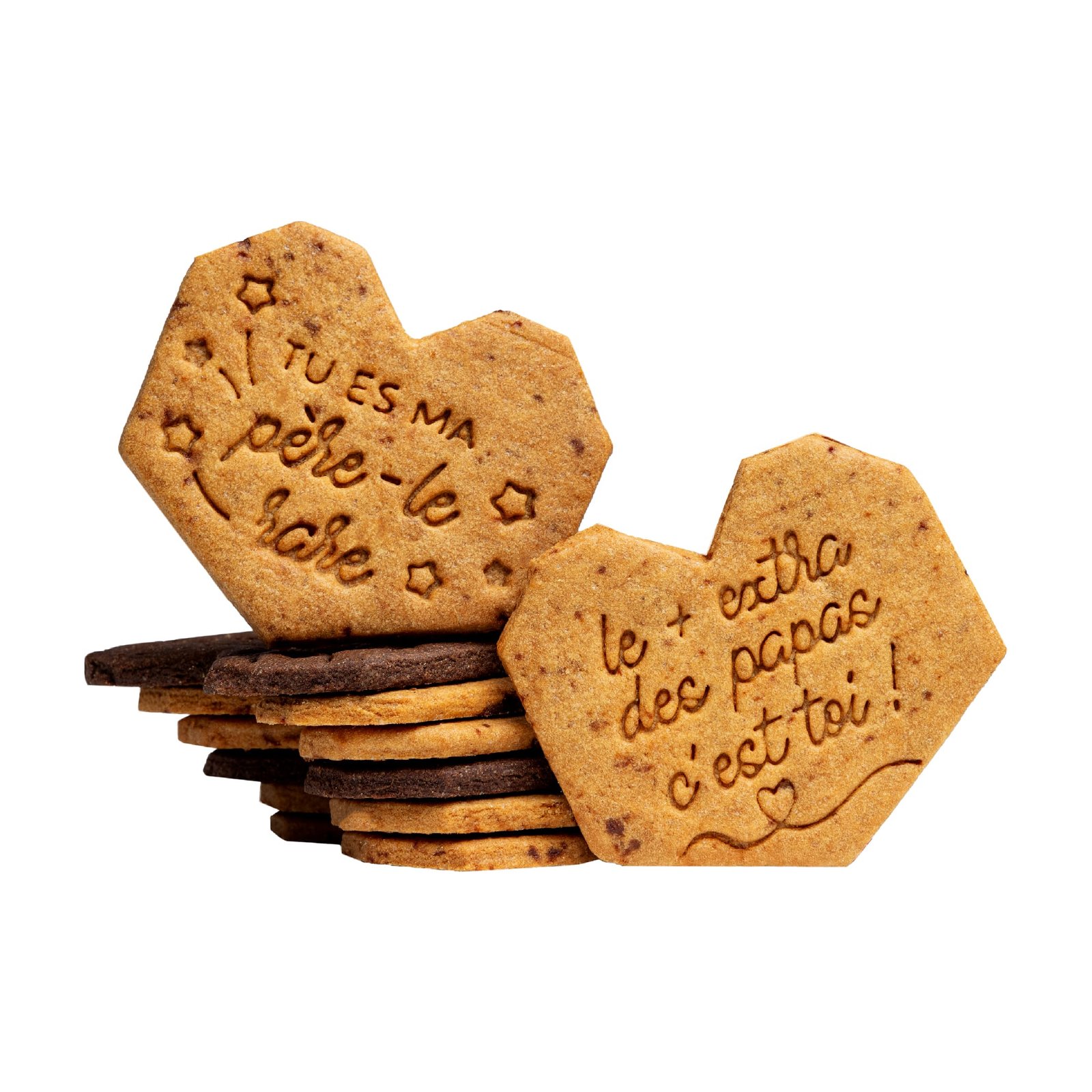 Bien sûr ! Voici votre texte révisé avec « biscuit personnalisé » inclus : Des biscuits personnalisés en forme de cœur « papa adoré » sont empilés, avec deux à l'avant gravés d'étoiles et de cœurs et portant les inscriptions « Tu es mon père-le rare » et « Le + extra des papas c'est toi ! » — des gourmandises parfaites pour célébrer papa.