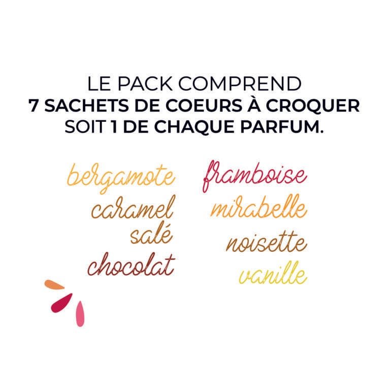 Bien sûr ! Voici votre texte modifié avec "biscuit personnalisé" ajouté : Le pack "cœurs à croquer" contient 7 sachets, un de chaque parfum : bergamote, caramel salé, chocolat, framboise, mirabelle douce, noisette et vanille, ainsi qu'un biscuit personnalisé. Texte coloré sur fond blanc.