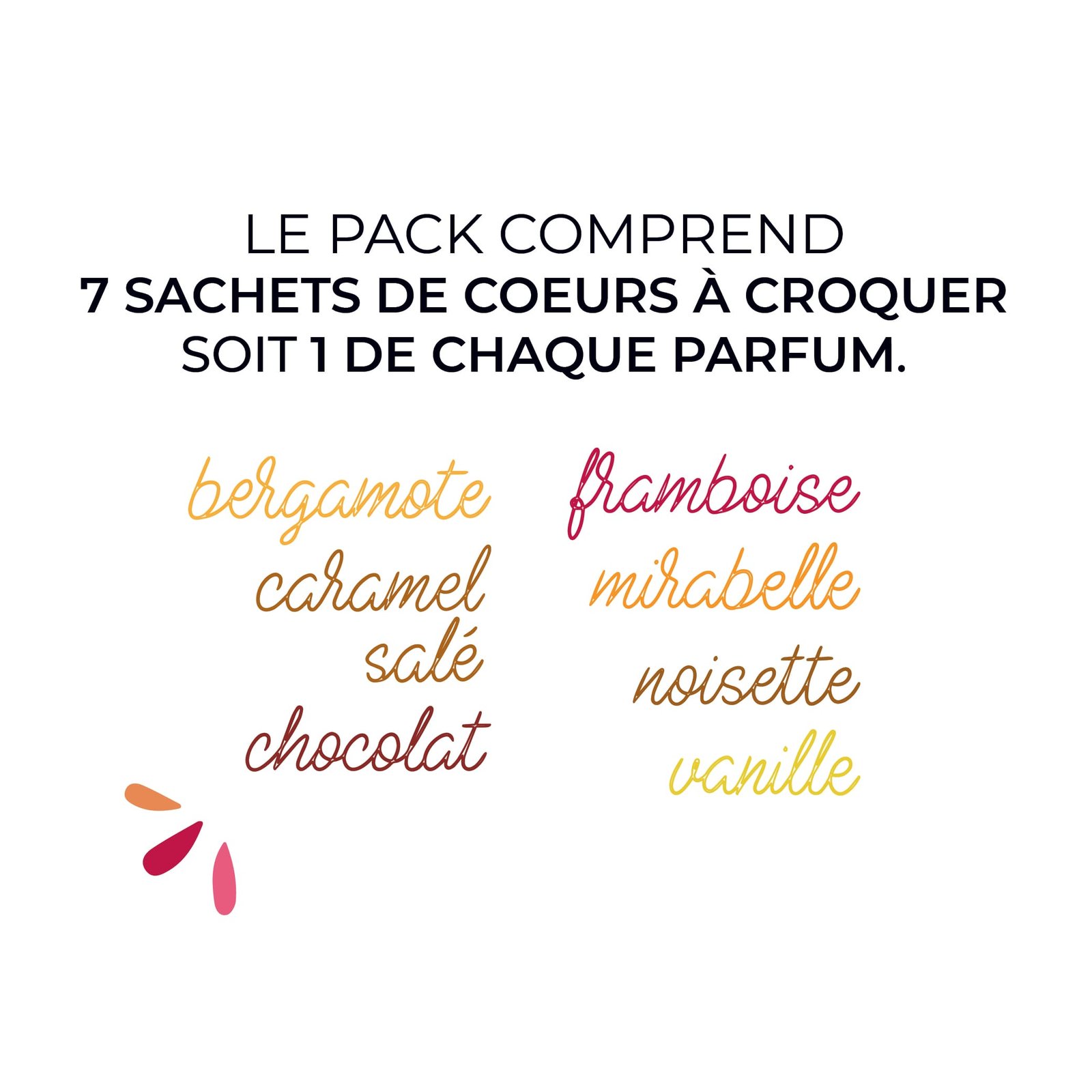 cœurs à croquer – le pack Cinq paquets de cœurs à croquer biscuit personnalisé - le pack, chacun avec une forme de cœur, des étiquettes colorées uniques - dont une variante mirabelle - et le texte français sont affichés ensemble. En dessous, "Le coup de cœur" apparaît avec un soulignement rose et un symbole de cœur.